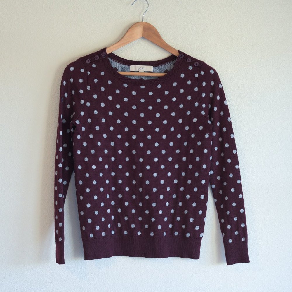 LOFT Maroon Polka-Dot Crew Neck Wool Sweater, S